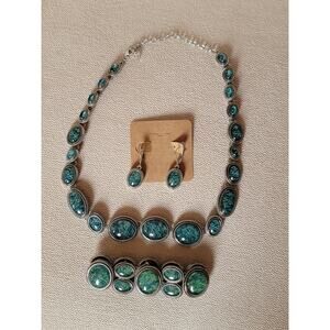Estate Green & Silver Statement Jewelry Set - Necklace, Bracelet & Earrings